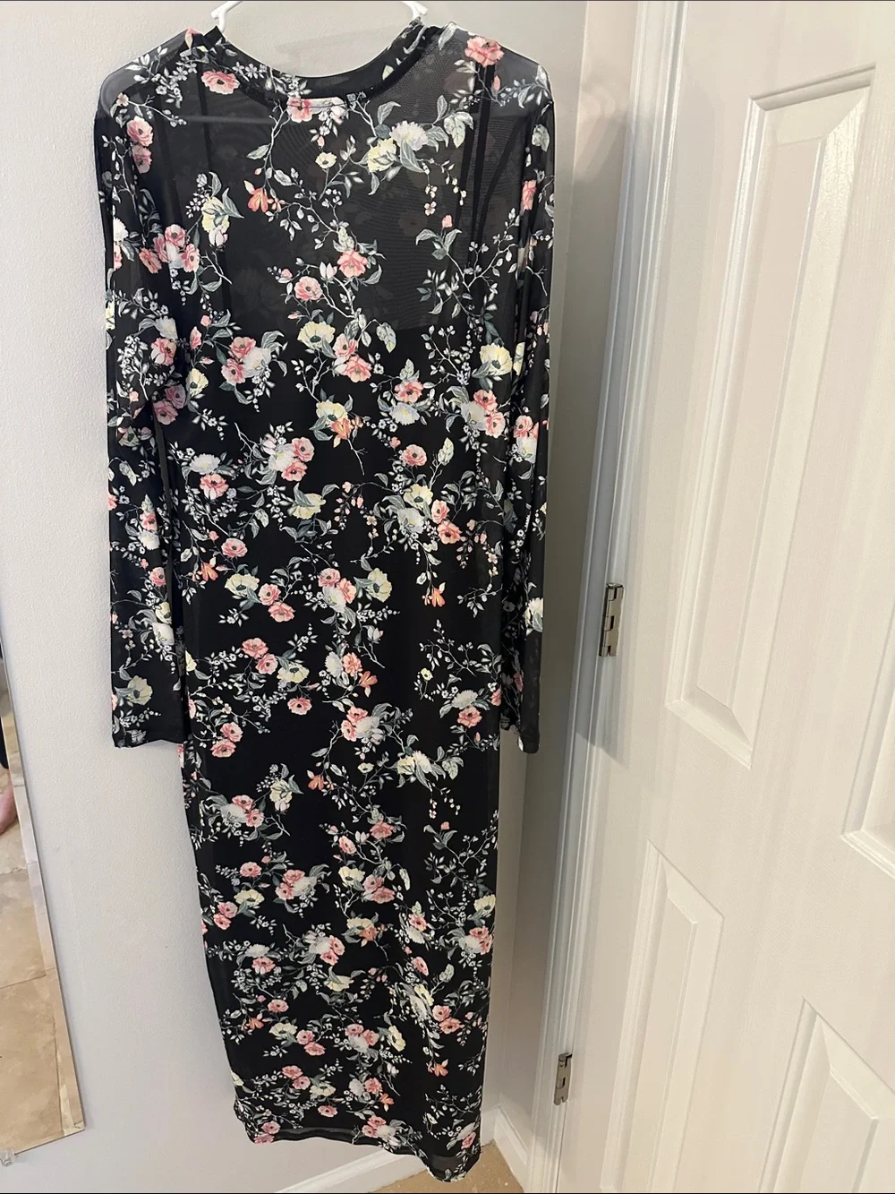 AFRM Black Long Sleeve Floral Midi Dress with Pink & Cream Blooms - Picture 3 of 6